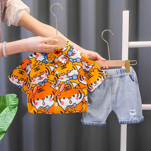 Boys' Short Sleeved Shorts Set Fashion Boys' Two-piece Suit Versatile Cartoon Shirt